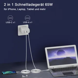 QACKENM GaN USB-C Oplader 65W Snelladen 2-Poorts Kabel 2M — miniatuur 2