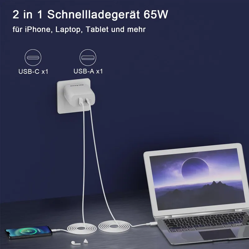QACKENM GaN USB-C Oplader 65W Snelladen 2-Poorts Kabel 2M — foto 2