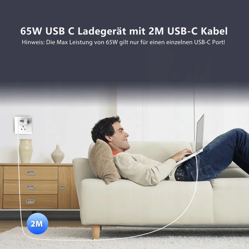 QACKENM GaN USB-C Oplader 65W Snelladen 2-Poorts Kabel 2M — foto 6