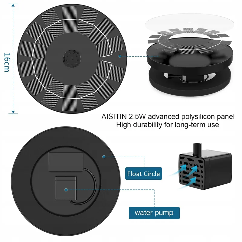 AISITIN Solar Fonteinpomp 2,5W Drijvend Vijver 6 Sproeiers — foto 3