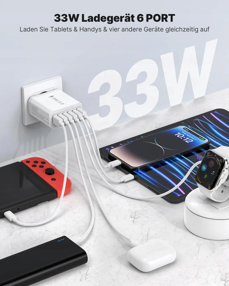 TUPNEUF USB Oplader 6-Poorten 33W QC3.0 Snelladen iPhone iPad — foto 2
