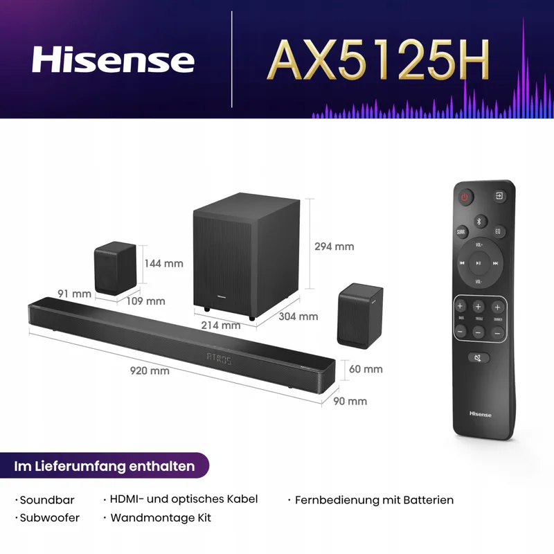 HISENSE AX5125H Soundbar 5.1.2 Dolby Atmos Subwoofer Bluetooth — foto 3