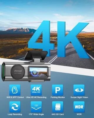 ZHIROAD Dashcam 4K WiFi 170° Nachtzicht 64GB SD 24H Monitor — miniatuur 2