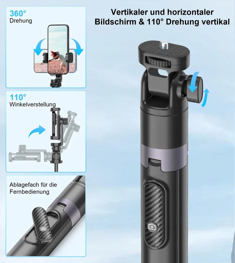 GAHENWO Selfiestatief 173cm Tripod Actiecamera Telefoon Afstandsbediening — foto 2