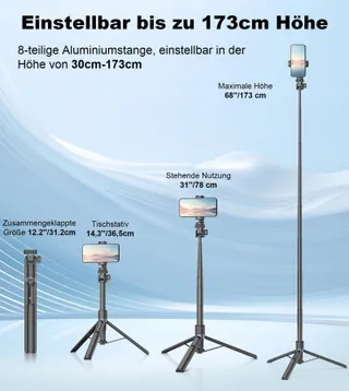 GAHENWO Selfiestatief 173cm Tripod Actiecamera Telefoon Afstandsbediening — miniatuur 5