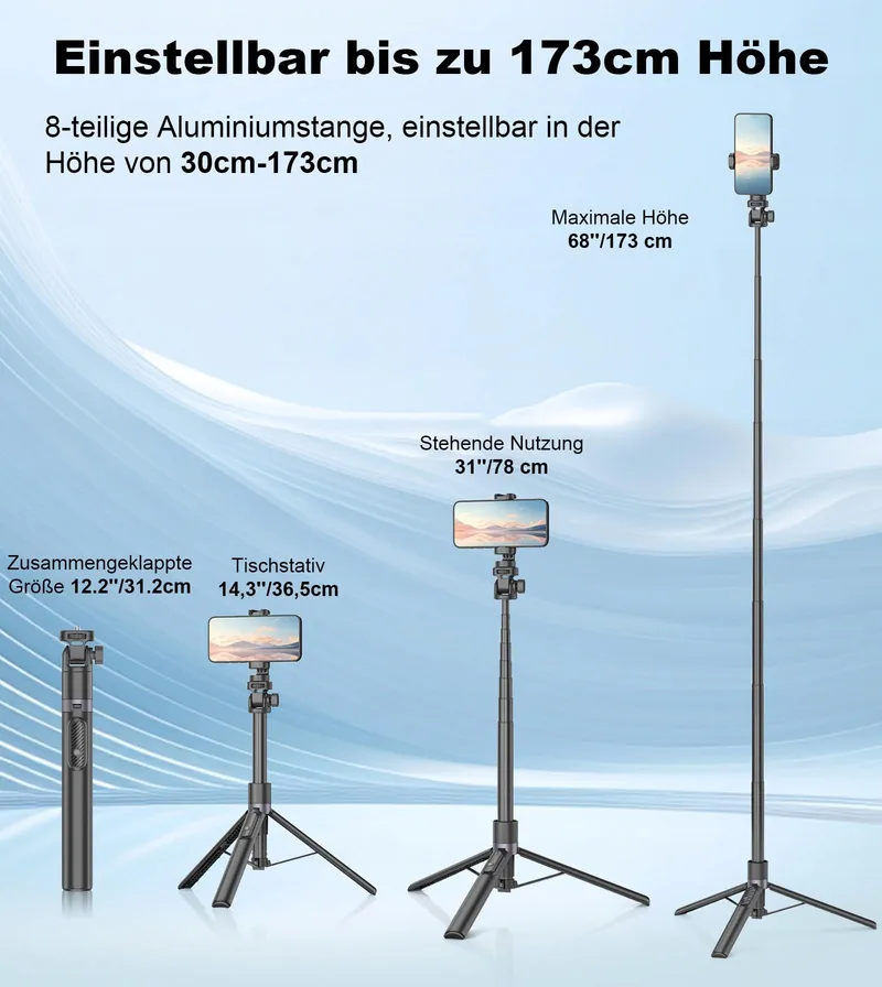 GAHENWO Selfiestatief 173cm Tripod Actiecamera Telefoon Afstandsbediening — foto 5