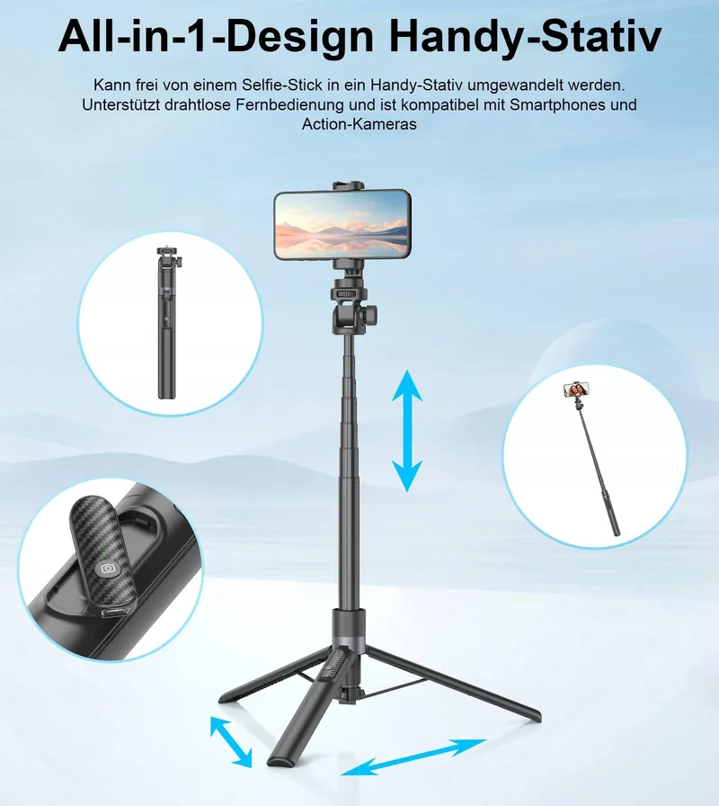 GAHENWO Selfiestatief 173cm Tripod Actiecamera Telefoon Afstandsbediening — foto 6