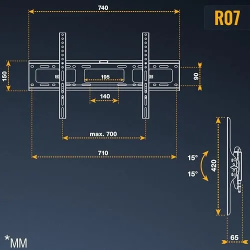 RICOO R07 TV Muurbeugel Kantelbaar 37-80 Inch 100kg VESA 600x400 — foto 8