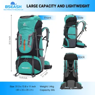 BSEASH Wandelrugzak 80L Waterdicht met Regenhoes Groen — miniatuur 2