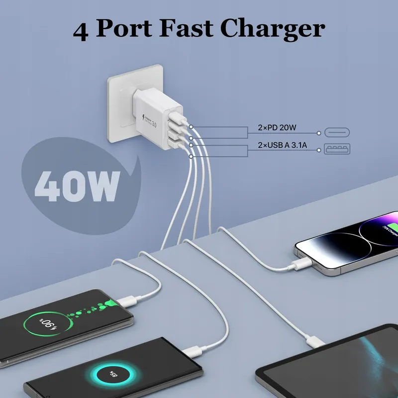 2 Stuks USB C Oplader 40W 4 Poorten USB-C en USB-A Wit — foto 2