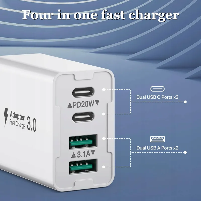 2 Stuks USB C Oplader 40W 4 Poorten USB-C en USB-A Wit — foto 3