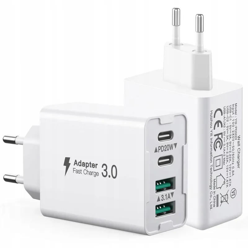 2 Stuks USB C Oplader 40W 4 Poorten USB-C en USB-A Wit — foto 1