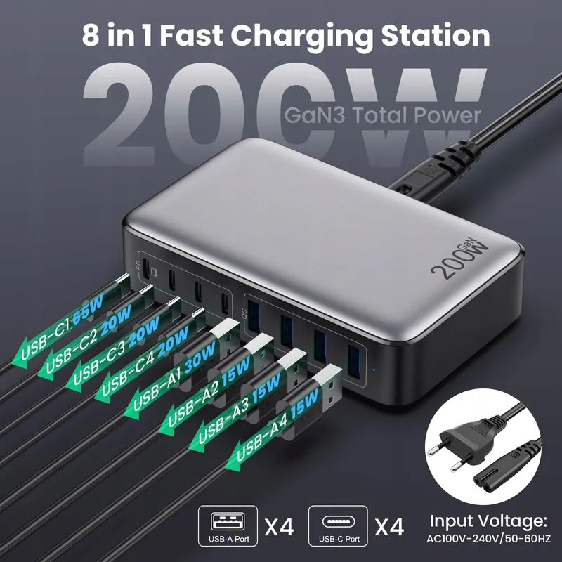 FEOB 200W USB-C Oplader GaN III 8-Poorts Snellader — foto 2