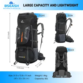 BSEASH Wandelrugzak 80L Waterdicht Regenhoes Zwart — miniatuur 2