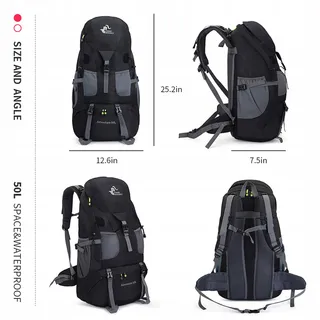 BSEASH Wandelrugzak 50L Licht Waterbestendig Outdoor Zwart — miniatuur 2