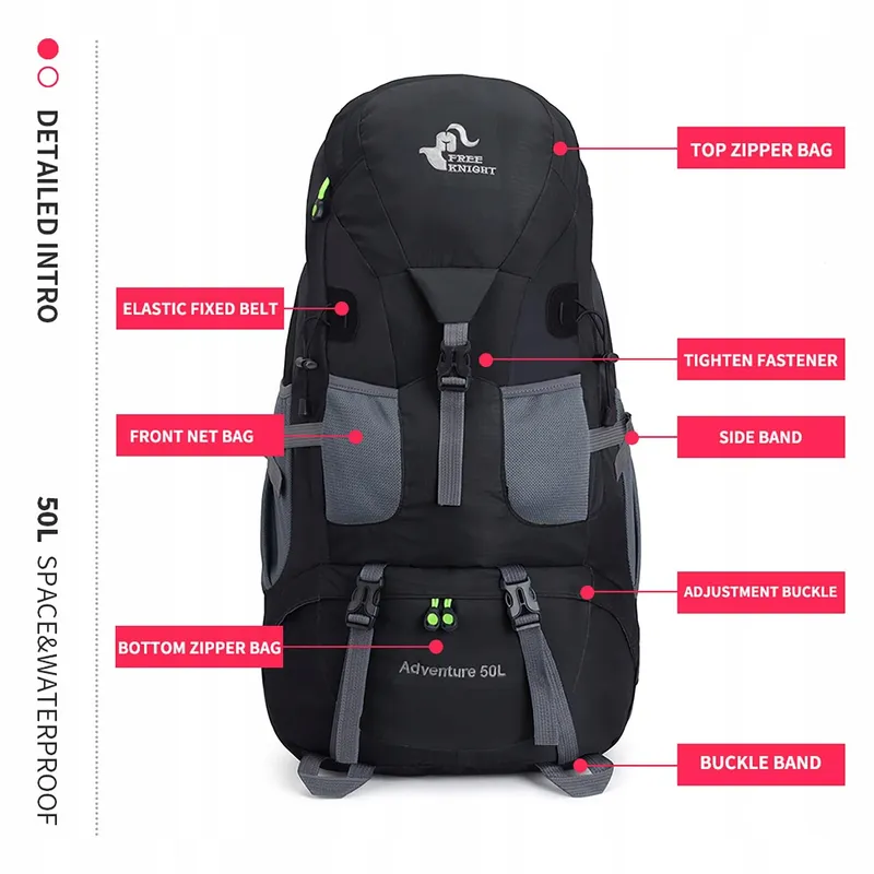 BSEASH Wandelrugzak 50L Licht Waterbestendig Outdoor Zwart — foto 6