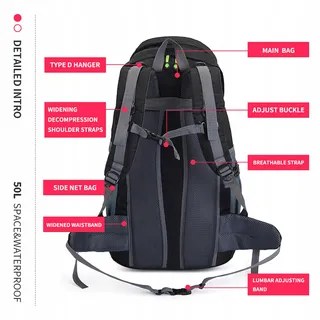 BSEASH Wandelrugzak 50L Licht Waterbestendig Outdoor Zwart — miniatuur 7