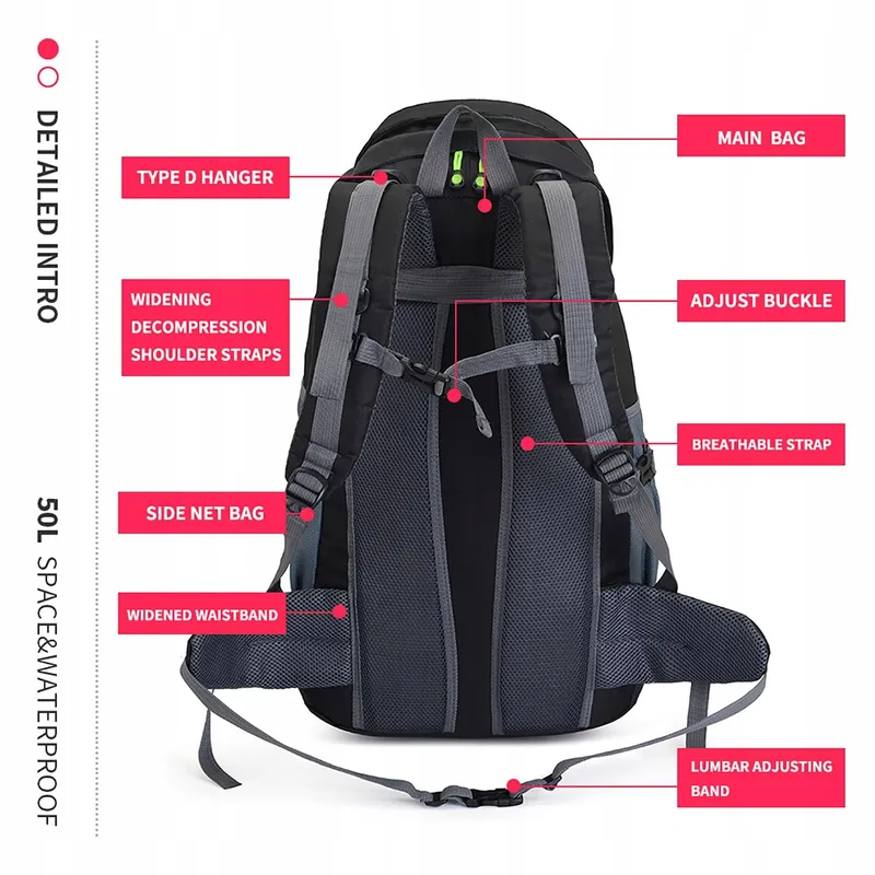 BSEASH Wandelrugzak 50L Licht Waterbestendig Outdoor Zwart — foto 7