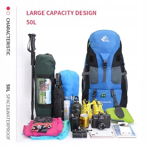 BSEASH Wandelrugzak 50L Licht Waterdicht Outdoor Camping Blauw — foto 9