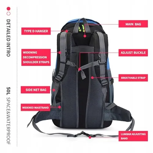 BSEASH Wandelrugzak 50L Licht Waterdicht Outdoor Camping Blauw — foto 7