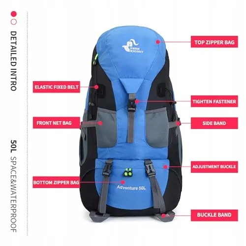 BSEASH Wandelrugzak 50L Licht Waterdicht Outdoor Camping Blauw — foto 6