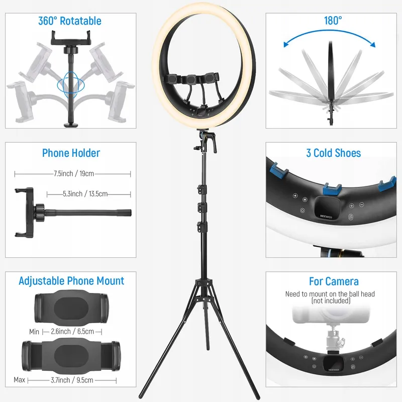 NEEWER Ringlamp RP19H 19" Met Standaard 3 Telefoonhouders 42W — foto 7