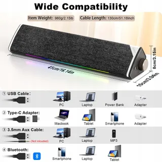 SOULION R60 Soundbar PC USB Bluetooth LED Laptop Gaming — miniatuur 6