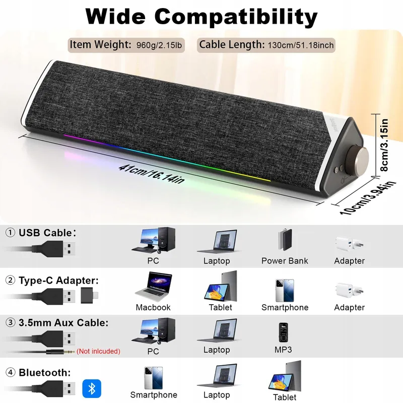 SOULION R60 Soundbar PC USB Bluetooth LED Laptop Gaming — foto 6