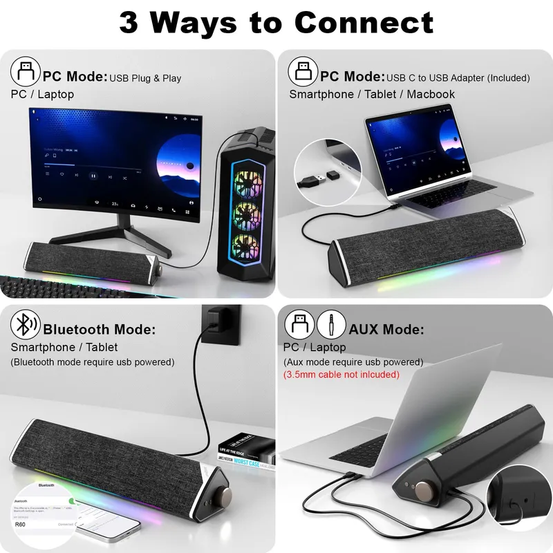SOULION R60 Soundbar PC USB Bluetooth LED Laptop Gaming — foto 5