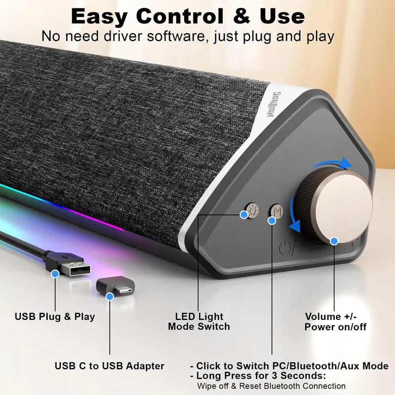 SOULION R60 Soundbar PC USB Bluetooth LED Laptop Gaming — foto 3