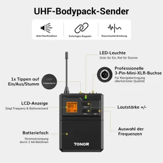 TONOR UHF Draadloze Microfoonset 4-Kanaals Voor Zingen Karaoke — miniatuur 6
