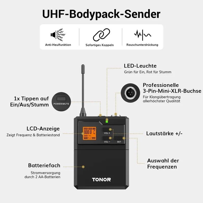 TONOR UHF Draadloze Microfoonset 4-Kanaals Voor Zingen Karaoke — foto 6