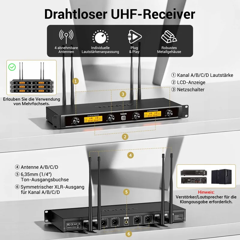 TONOR UHF Draadloze Microfoonset 4-Kanaals Voor Zingen Karaoke — foto 5