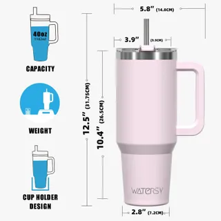WATERSY Thermosbeker 1182ml Roestvrij Staal Handvat Rietje Roze — miniatuur 9