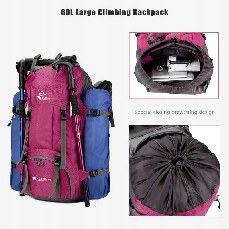 BSEASH Wandelrugzak 60L Waterdicht Licht Voor Wandelen Camping Roze — foto 6