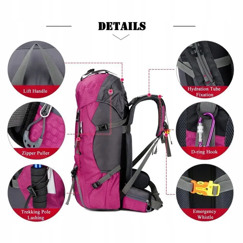 BSEASH Wandelrugzak 60L Waterdicht Licht Voor Wandelen Camping Roze — foto 4