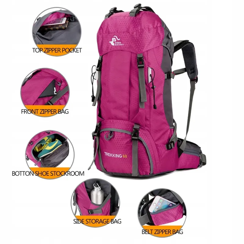 BSEASH Wandelrugzak 60L Waterdicht Licht Voor Wandelen Camping Roze — foto 3