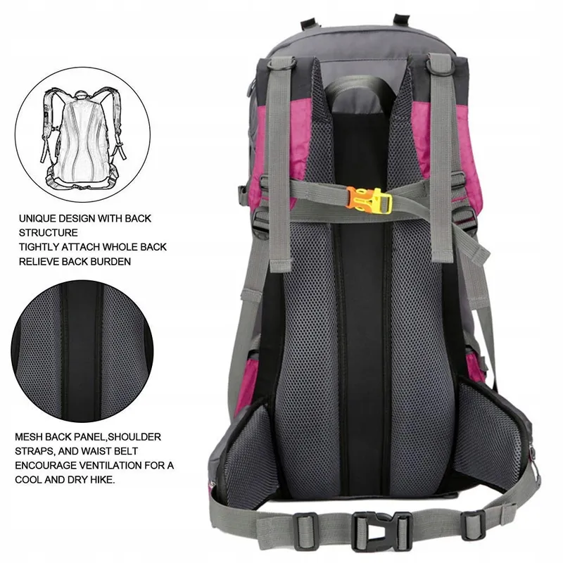 BSEASH Wandelrugzak 60L Waterdicht Licht Voor Wandelen Camping Roze — foto 7