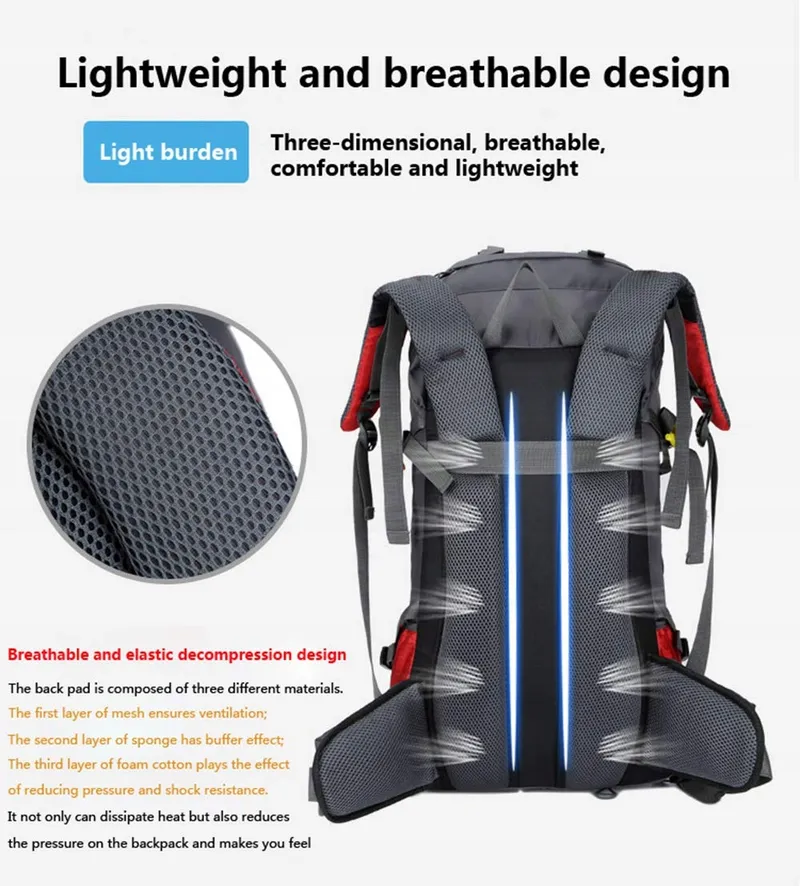 BSEASH Wandelrugzak 60L Waterdicht Licht Voor Wandelen Camping Roze — foto 8