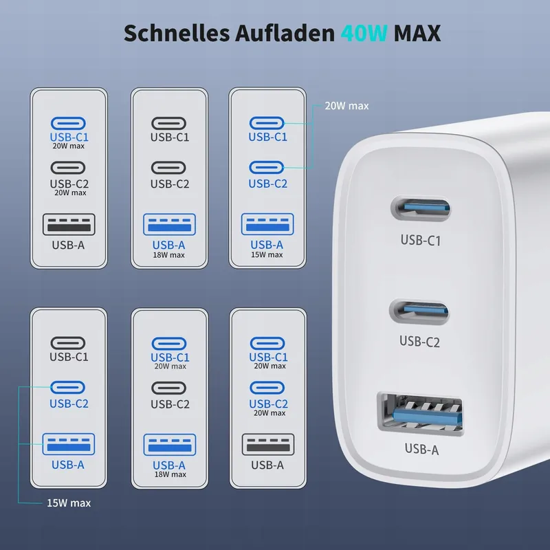 USB-C Oplader 40W 3 Poorten iPhone Android Telefoons — foto 5
