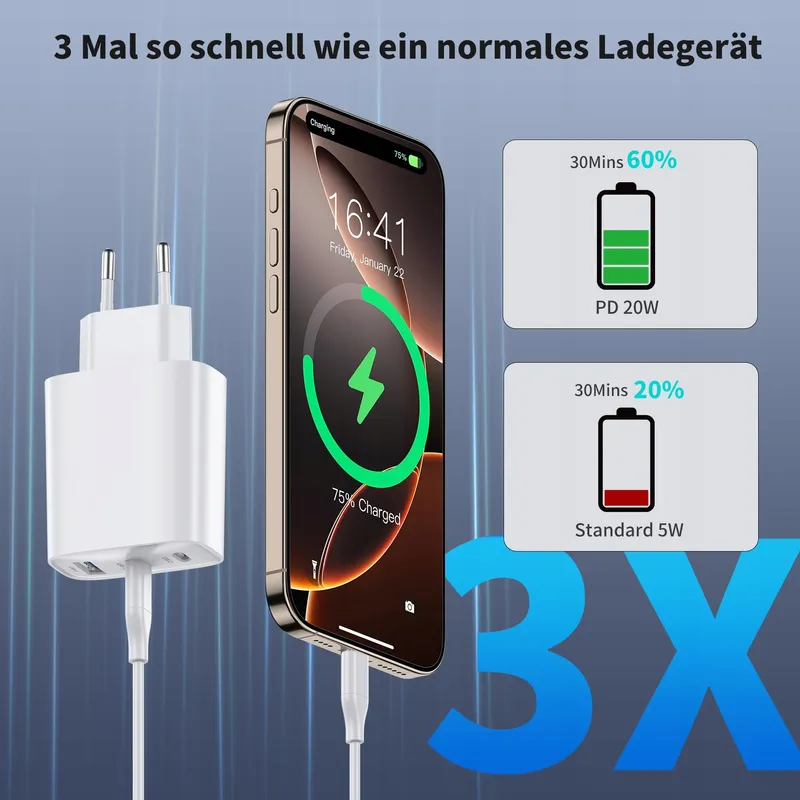USB-C Oplader 40W 3 Poorten iPhone Android Telefoons — foto 2