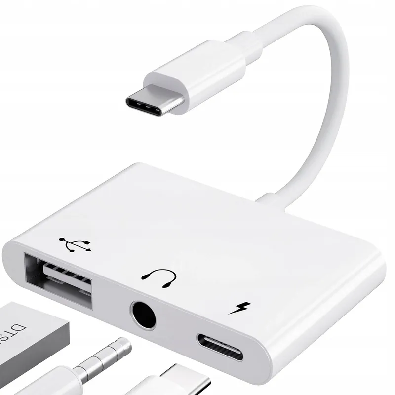 3-in-1 USB-C Adapter Naar 3.5 Jack Hoofdtelefoon Met OTG Oplader — foto 1