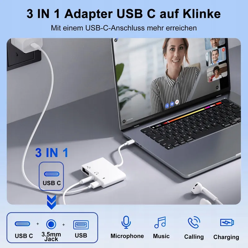 3-in-1 USB-C Adapter Naar 3.5 Jack Hoofdtelefoon Met OTG Oplader — foto 2