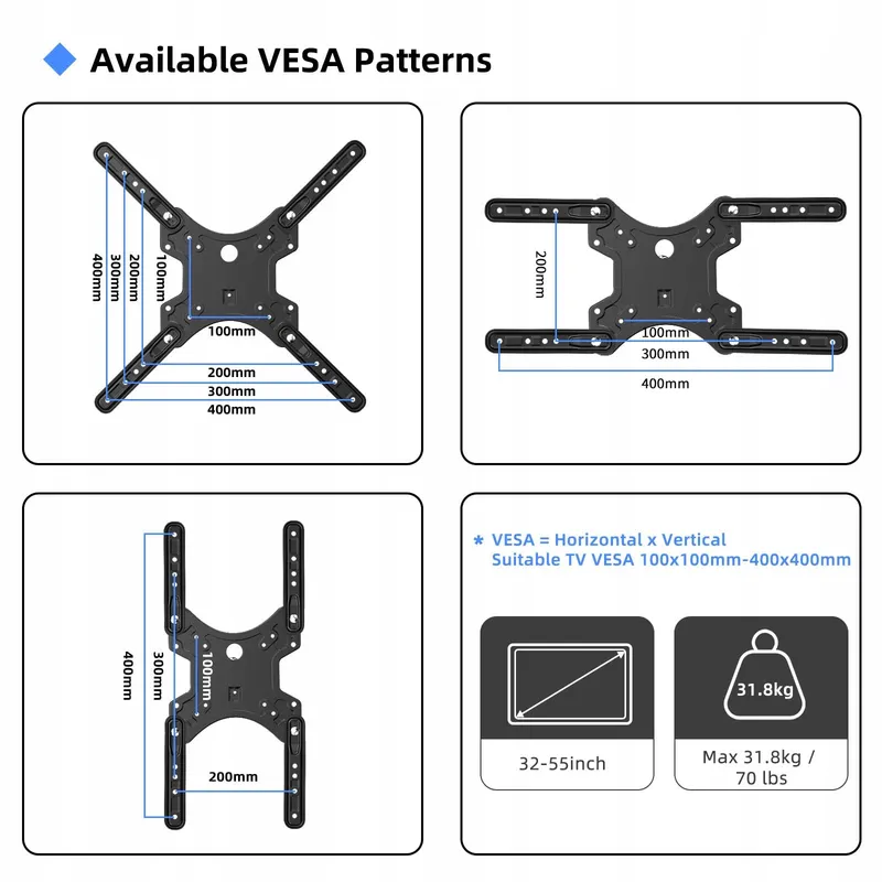 SUPTEK TV Muurbeugel Draaibaar 32-55 Inch 31.8kg VESA 400x400mm — foto 5