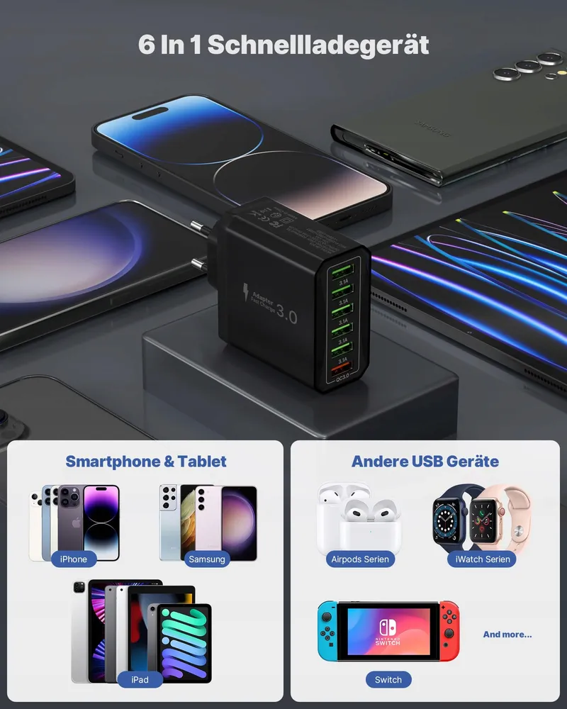 USB Lader 6-poorts Snel 33W QC 3.0 Voor iPhone iPad — foto 6