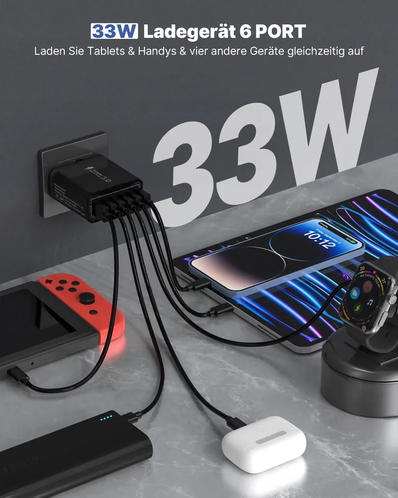 USB Lader 6-poorts Snel 33W QC 3.0 Voor iPhone iPad — foto 2