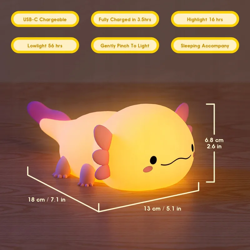 UNEEDE Nachtlampje Kinderen Siliconen LED Roze Axolotl — foto 6