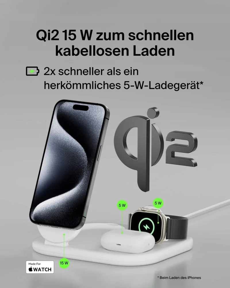 BELKIN BoostCharge 3-in-1 Qi2 15W MagSafe iPhone Watch AirPods — foto 2