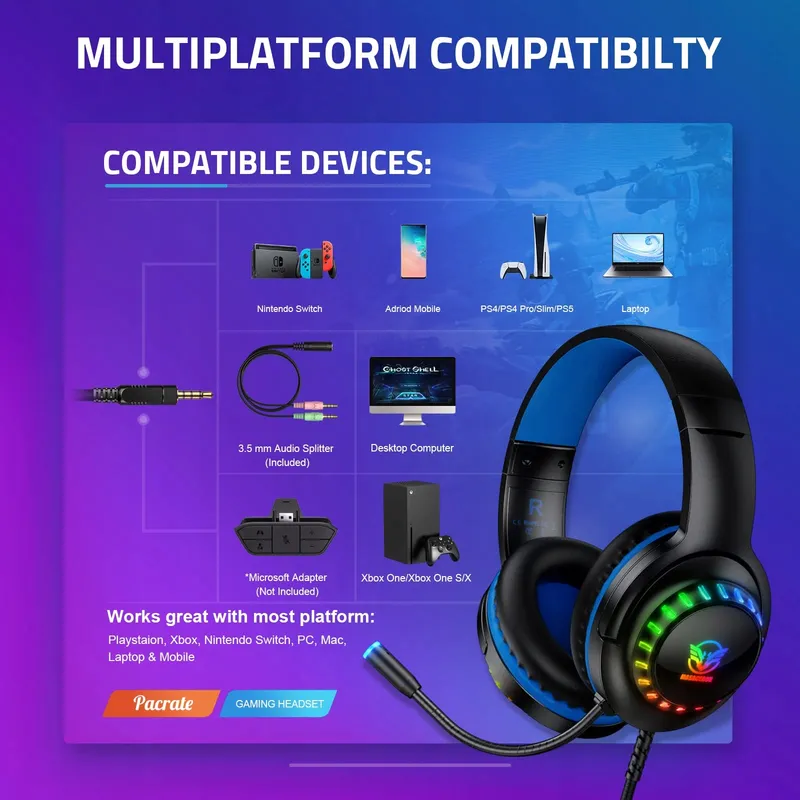 PACRATE RGB Gaming Headset PS4 PS5 Xbox PC Switch Microfoon — foto 4