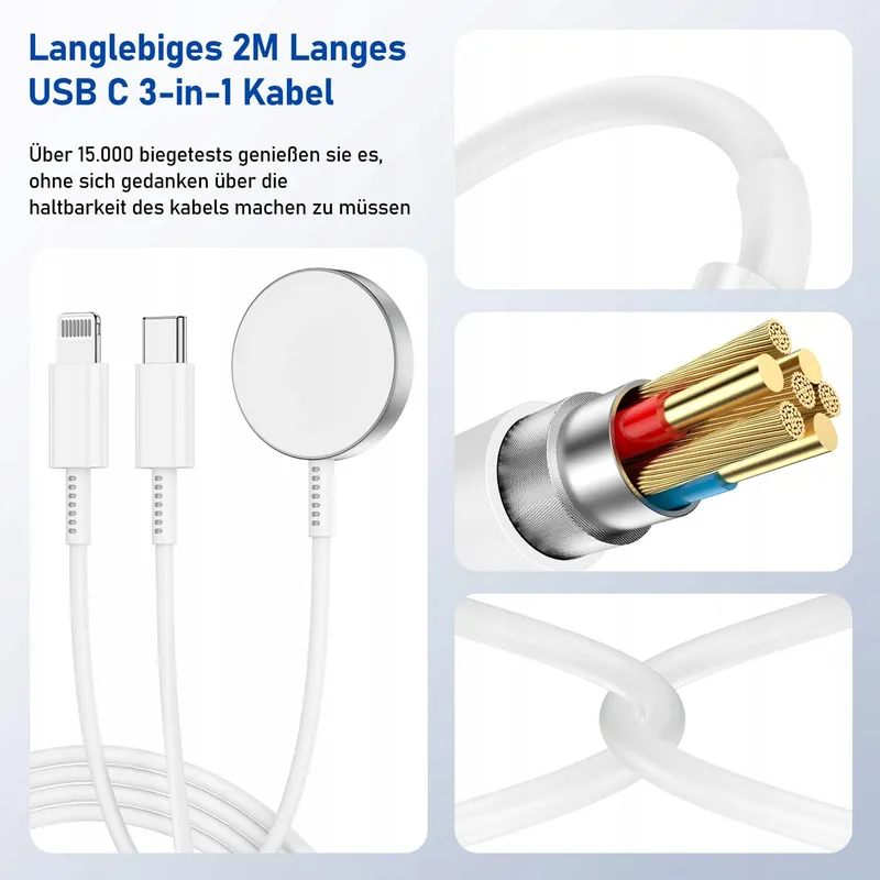 JEENEK Universeel 3-in-1 Kabel Apple Watch iPhone USB-C 2M — foto 5